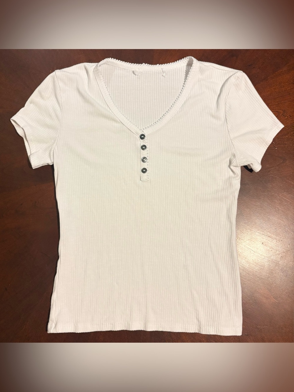 Women's White Ribbed Button T-Shirt V Scoop Neck Short Sleeve Pullover X Small